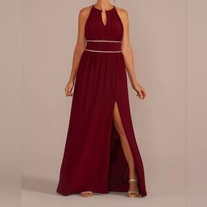 Elegant Halter Evening Gown with Slit and Rhinestone Waist